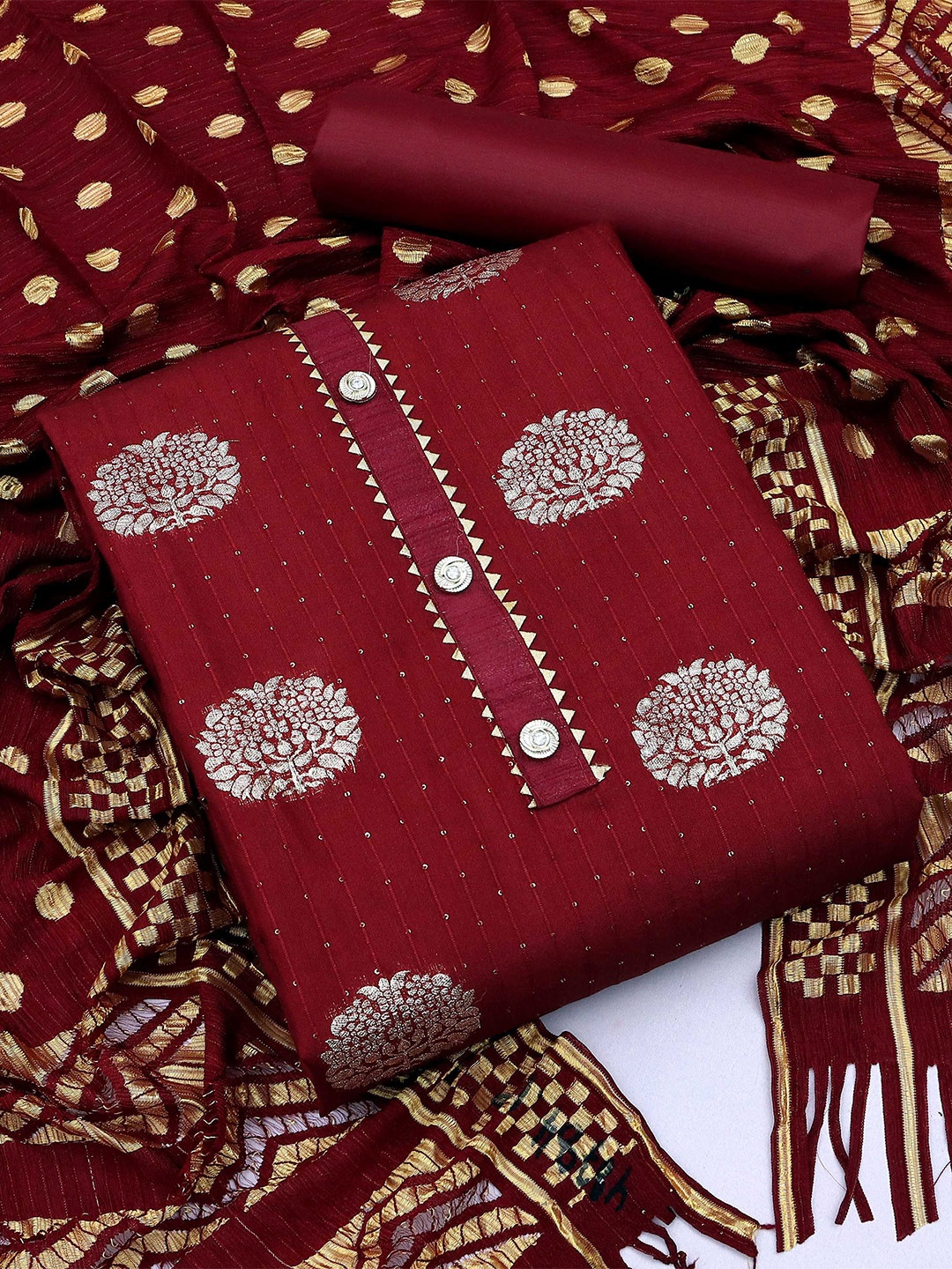 

SHADOW & SAINING Floral Woven Design Sequinned Unstitched Dress Material, Maroon