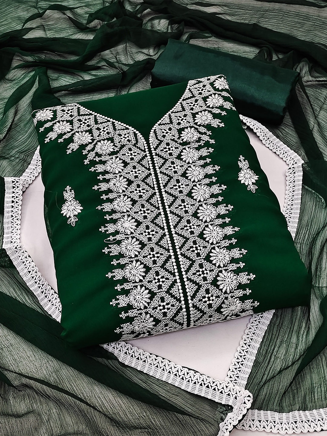 

SHADOW & SAINING Embroidered Silk Georgette Unstitched Dress Material, Green