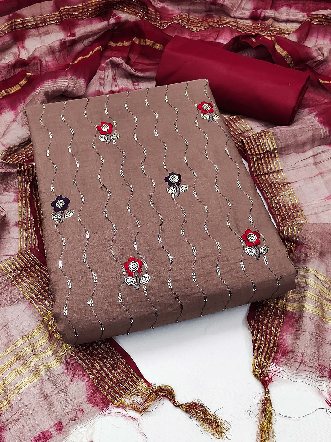 

SHADOW & SAINING Ethnic Motifs Embroidered Unstitched Dress Material, Brown
