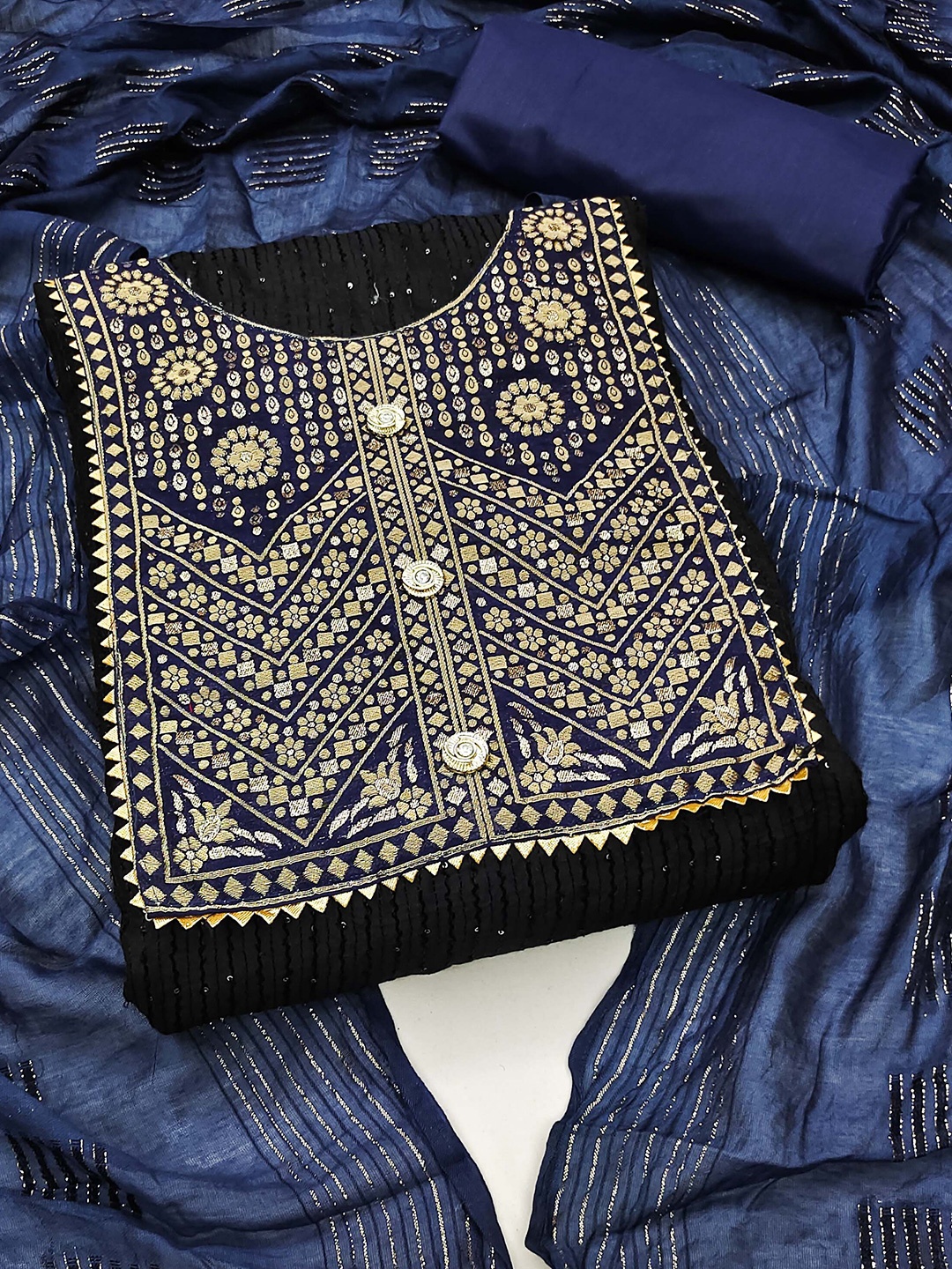 

SHADOW & SAINING Ethnic Motifs Embroidered Sequined Unstitched Dress Material, Black