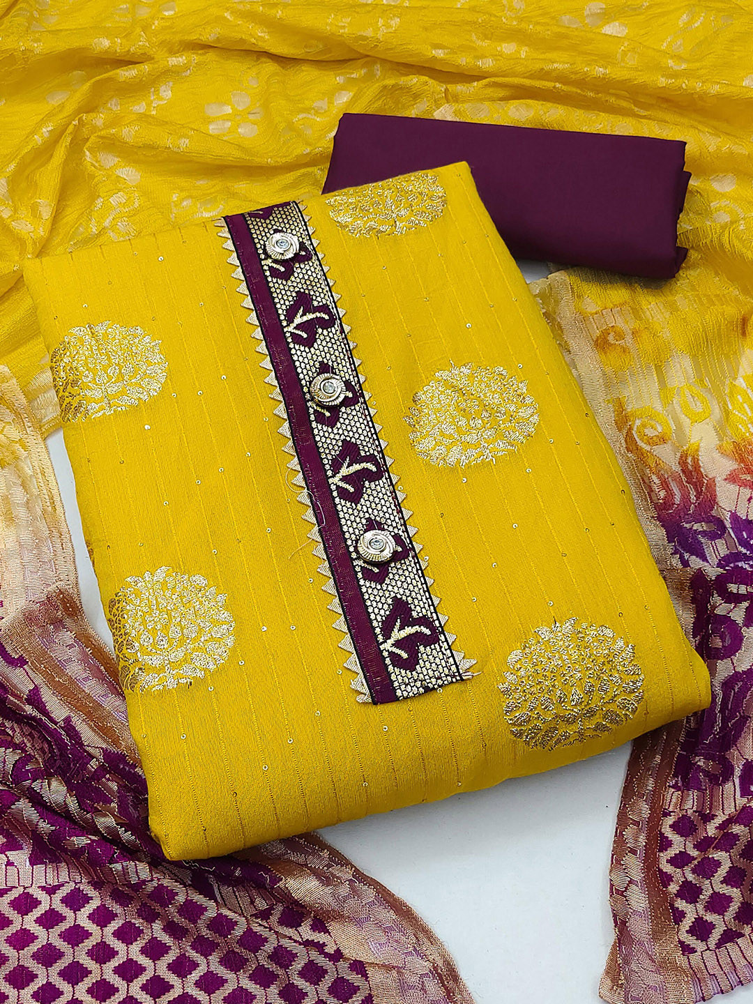 

SHADOW & SAINING Floral Woven Design Unstitched Dress Material, Yellow