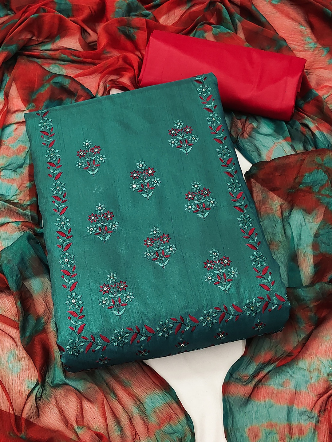 

SHADOW & SAINING Floral Embroidered Unstitched Dress Material, Sea green