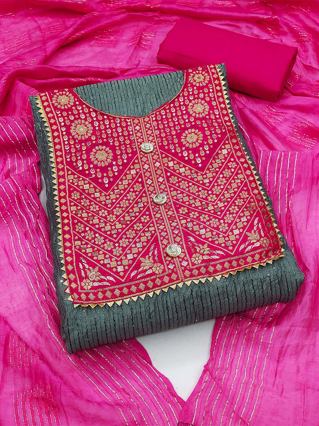 

SHADOW & SAINING Ethnic Motif Embroidered Unstitched Dress Material, Grey