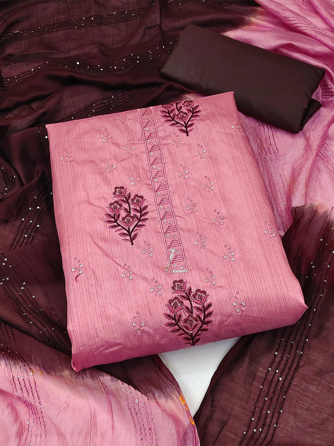 

SHADOW & SAINING Ethnic Motifs Embroidered Sequinned Detail Unstitched Dress Material, Pink