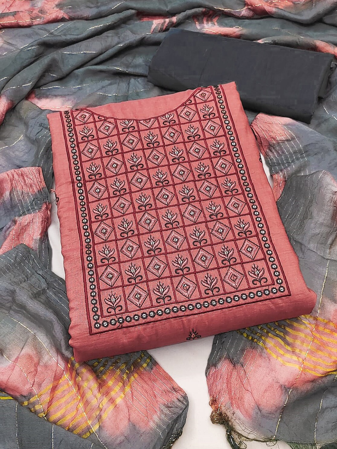 

SHADOW & SAINING Embroidered Unstitched Dress Material, Rust