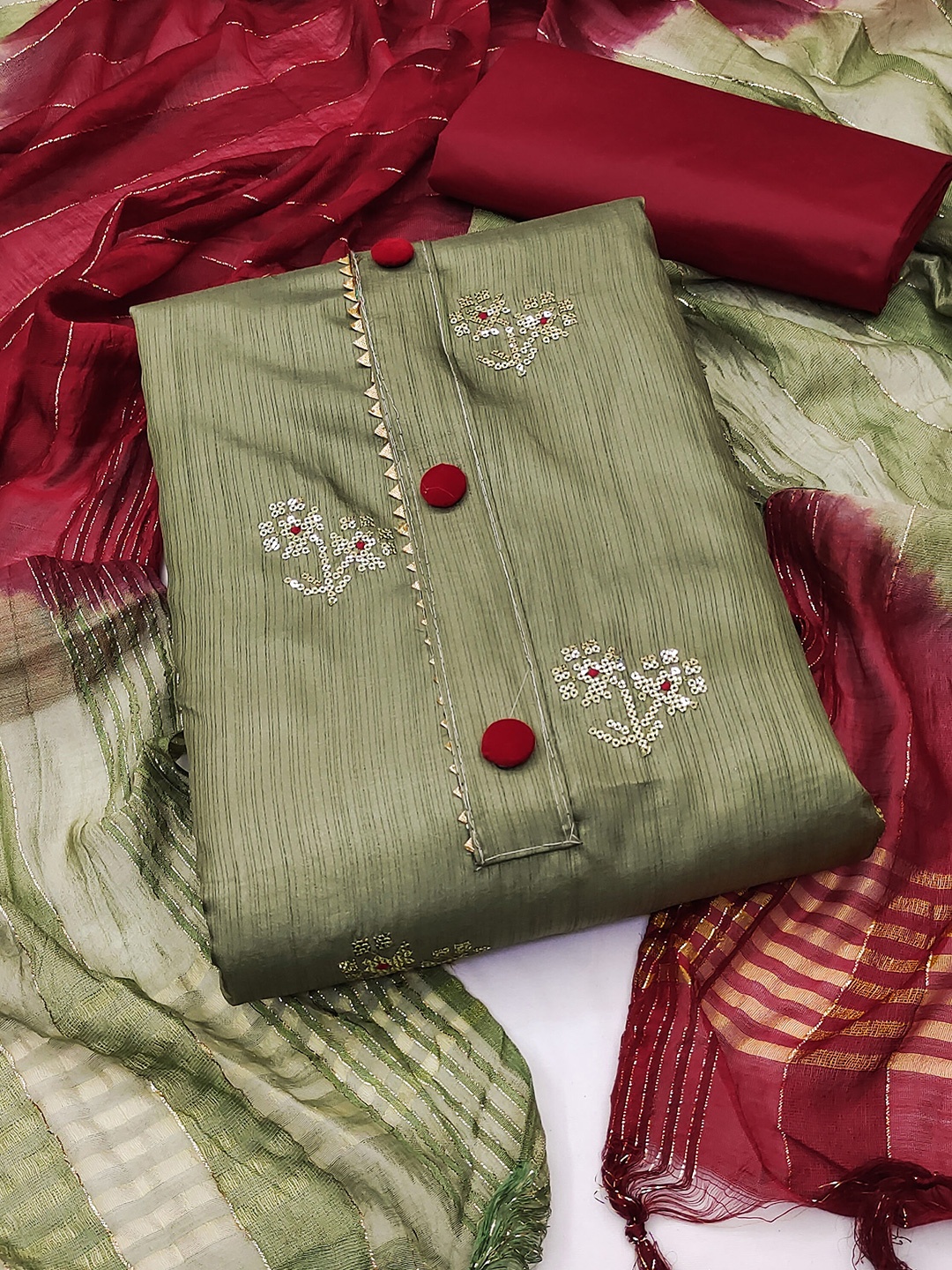 

SHADOW & SAINING Floral Embroidered Sequined Unstitched Dress Material, Olive