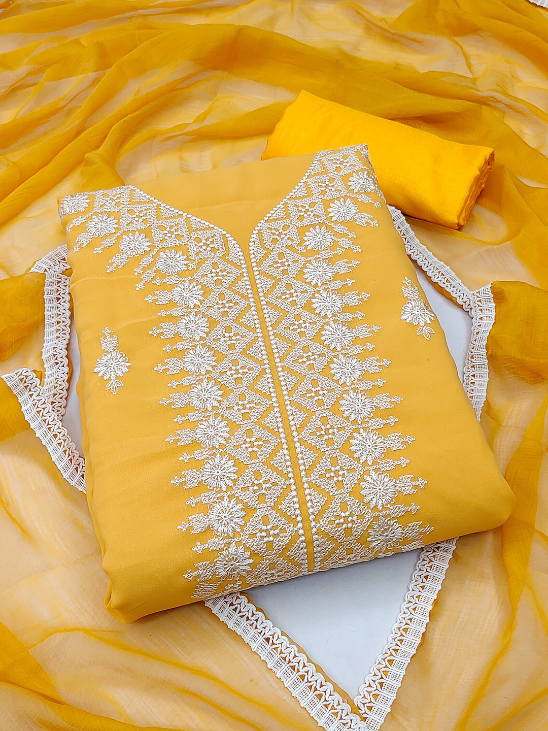 

SHADOW & SAINING Ethnic Motifs Embroidered Silk Georgette Unstitched Dress Material, Yellow