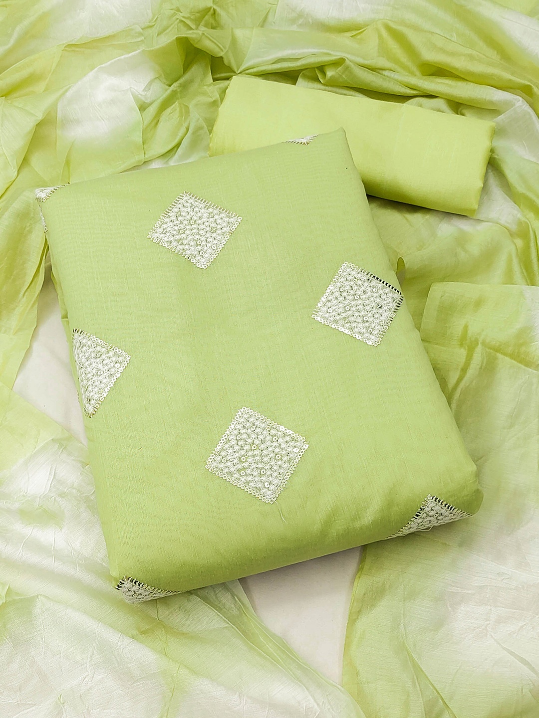 

SHADOW & SAINING Geometric Embroidered Sequinned Unstitched Dress Material, Lime green