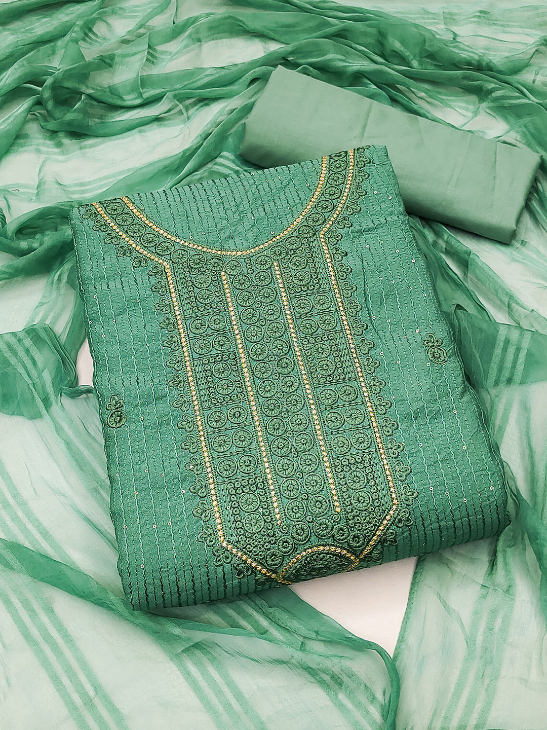 

SHADOW & SAINING Ethnic Motifs Embroidered Zari Unstitched Dress Material, Sea green