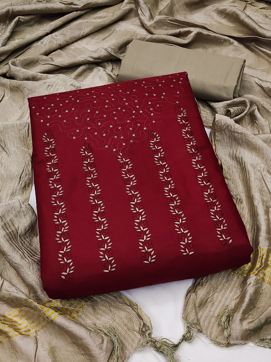 

SHADOW & SAINING Floral Embroidered Pure Cotton Unstitched Dress Material, Maroon