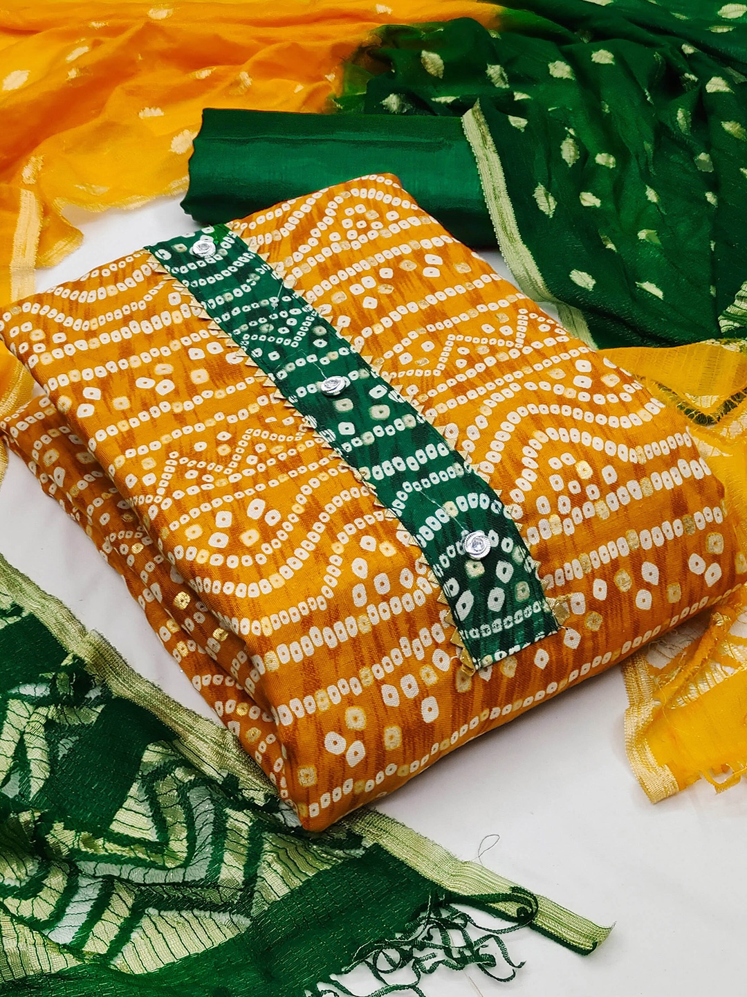 

SHADOW & SAINING Bandhani Printed Gotta Patti Pure Cotton Unstitched Dress Material, Yellow