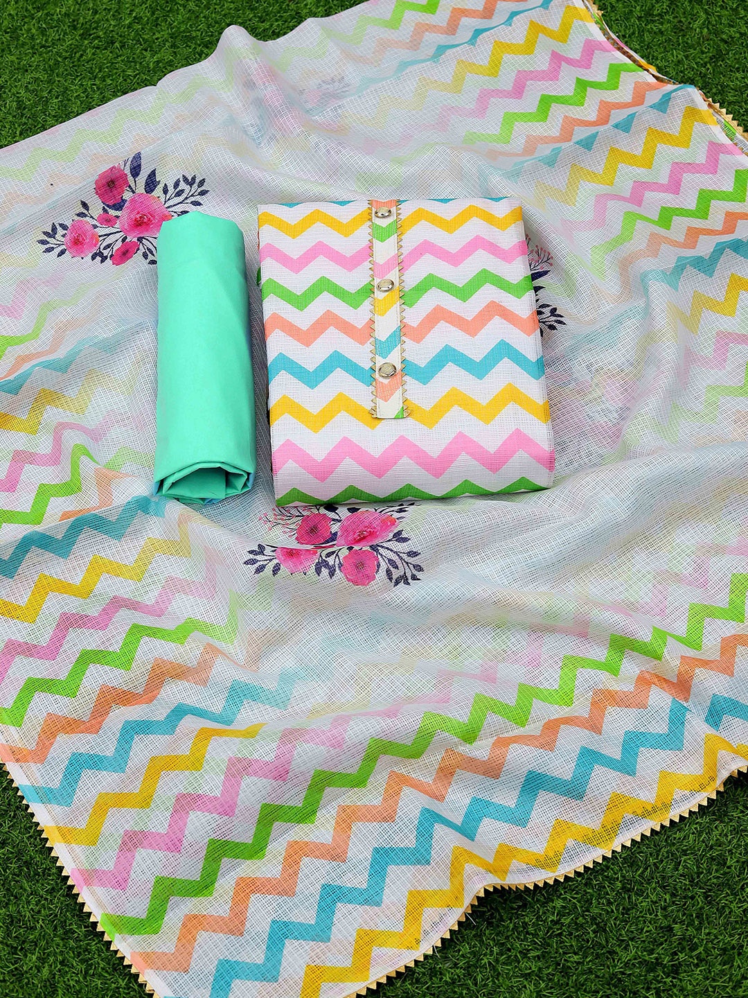 

SHADOW & SAINING Chevron Printed Gotta Patti Unstitched Dress Material, Green