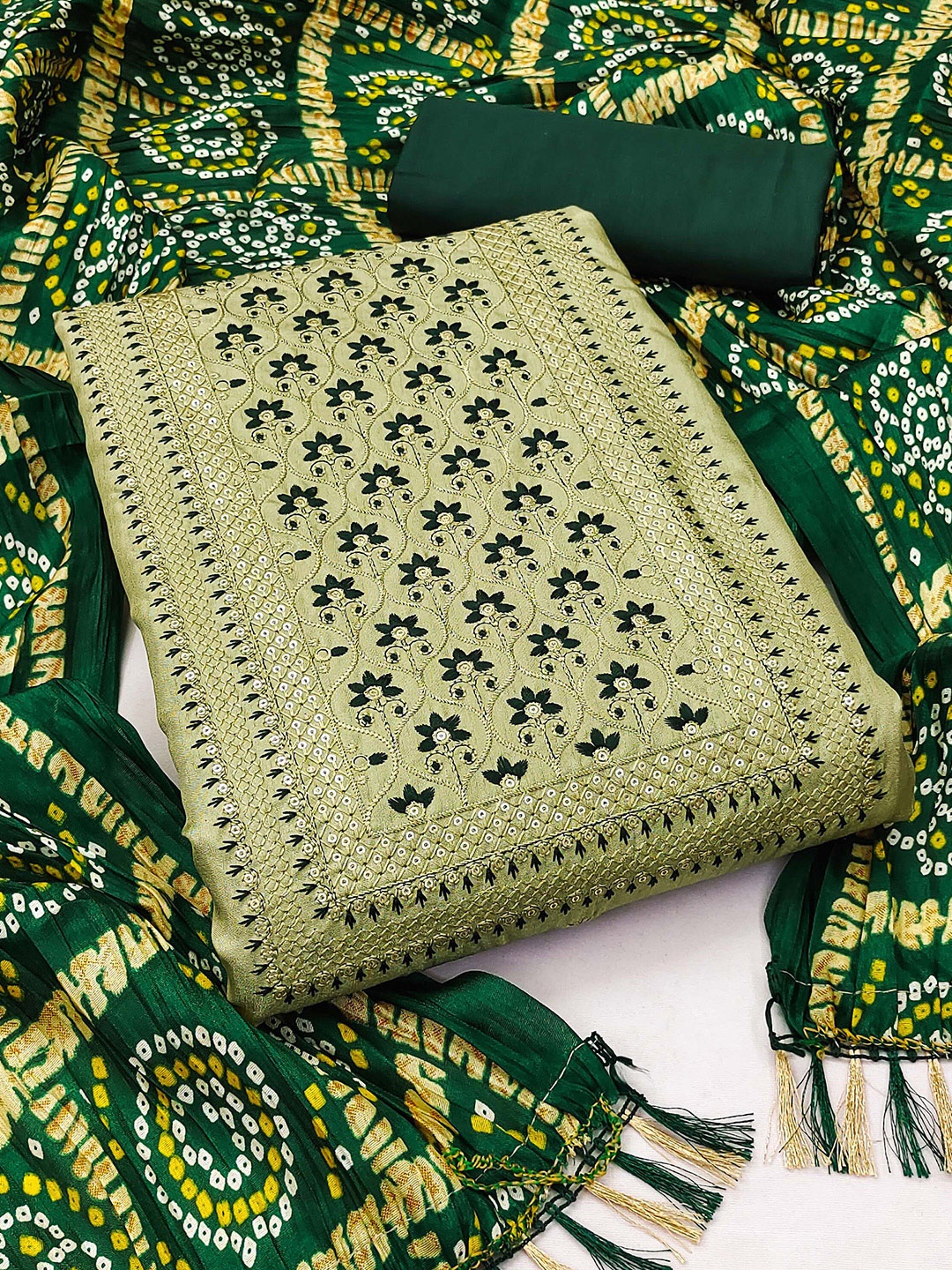 

SHADOW & SAINING Floral Embroidered Sequinned Unstitched Dress Material, Lime green