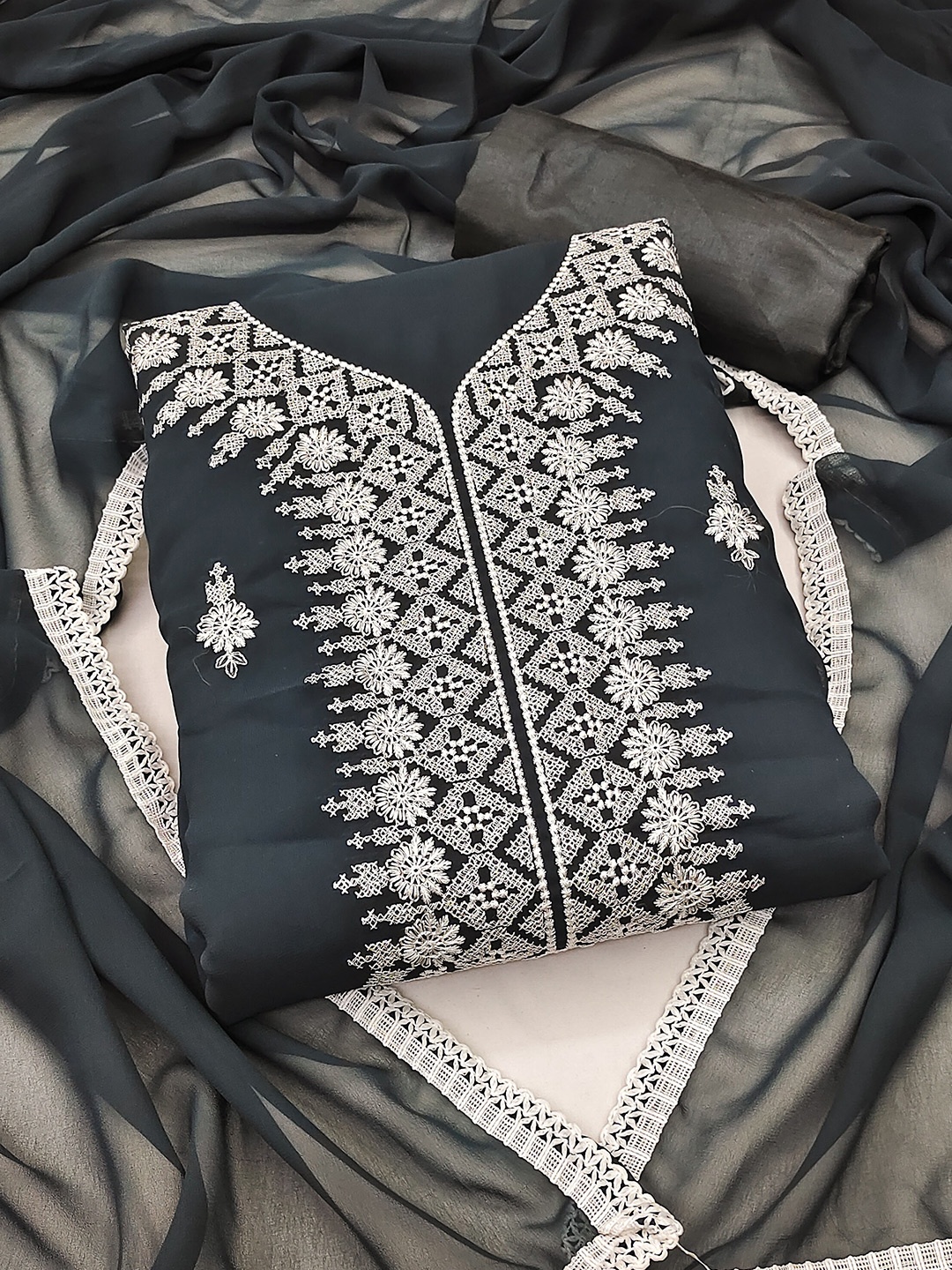 

SHADOW & SAINING Ethnic Motifs Embroidered Silk Georgette Unstitched Dress Material, Grey