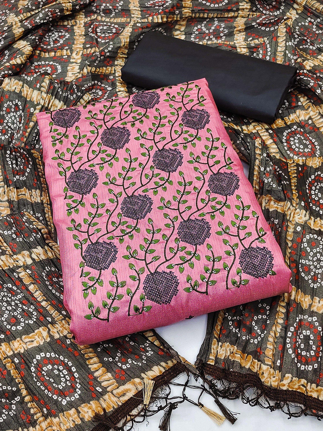 

SHADOW & SAINING Floral Embroidered Unstitched Dress Material, Pink