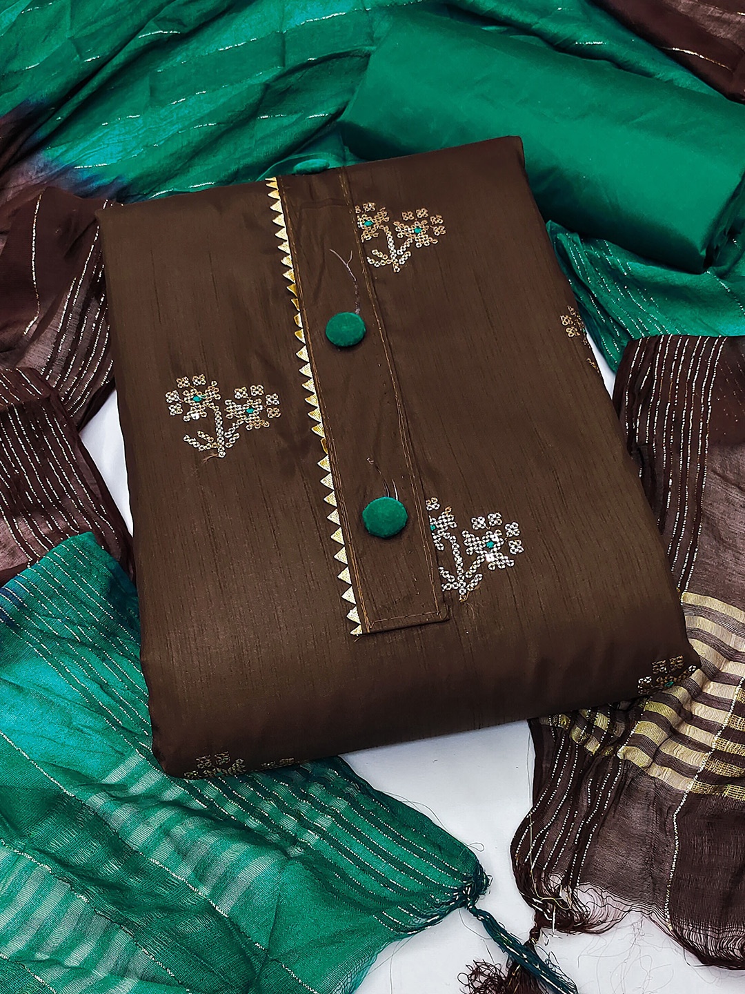 

SHADOW & SAINING Embellished Unstitched Dress Material, Brown