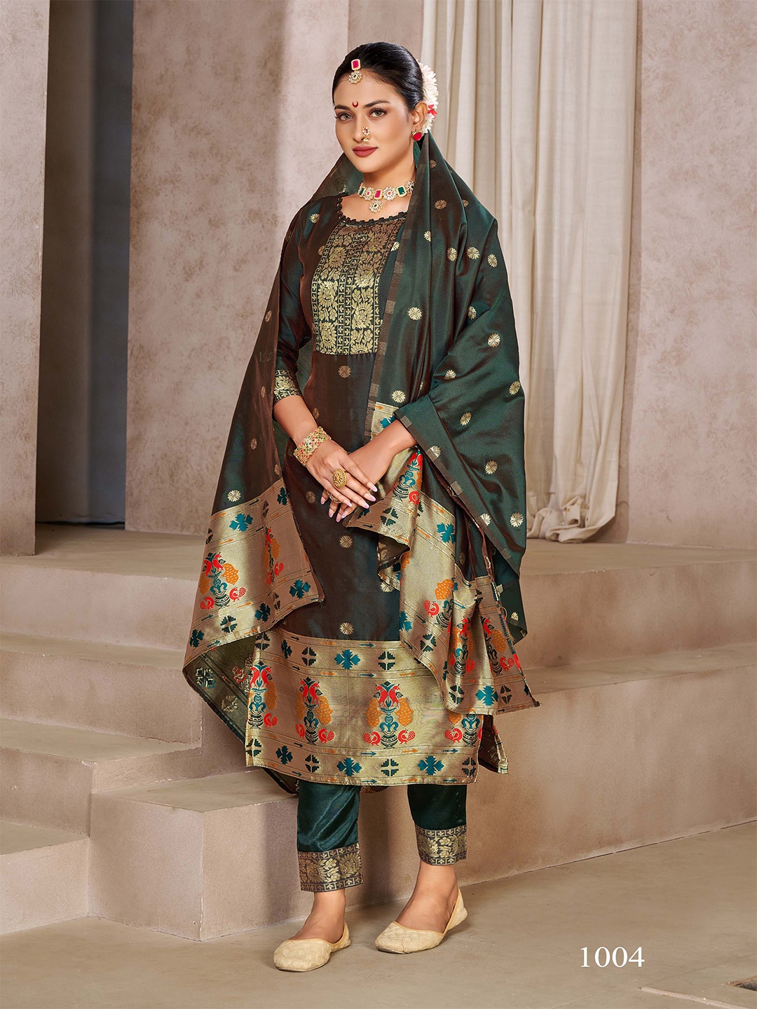 

SHADOW & SAINING Ethnic Motifs Woven Design Zari Detail Unstitched Dress Material, Green