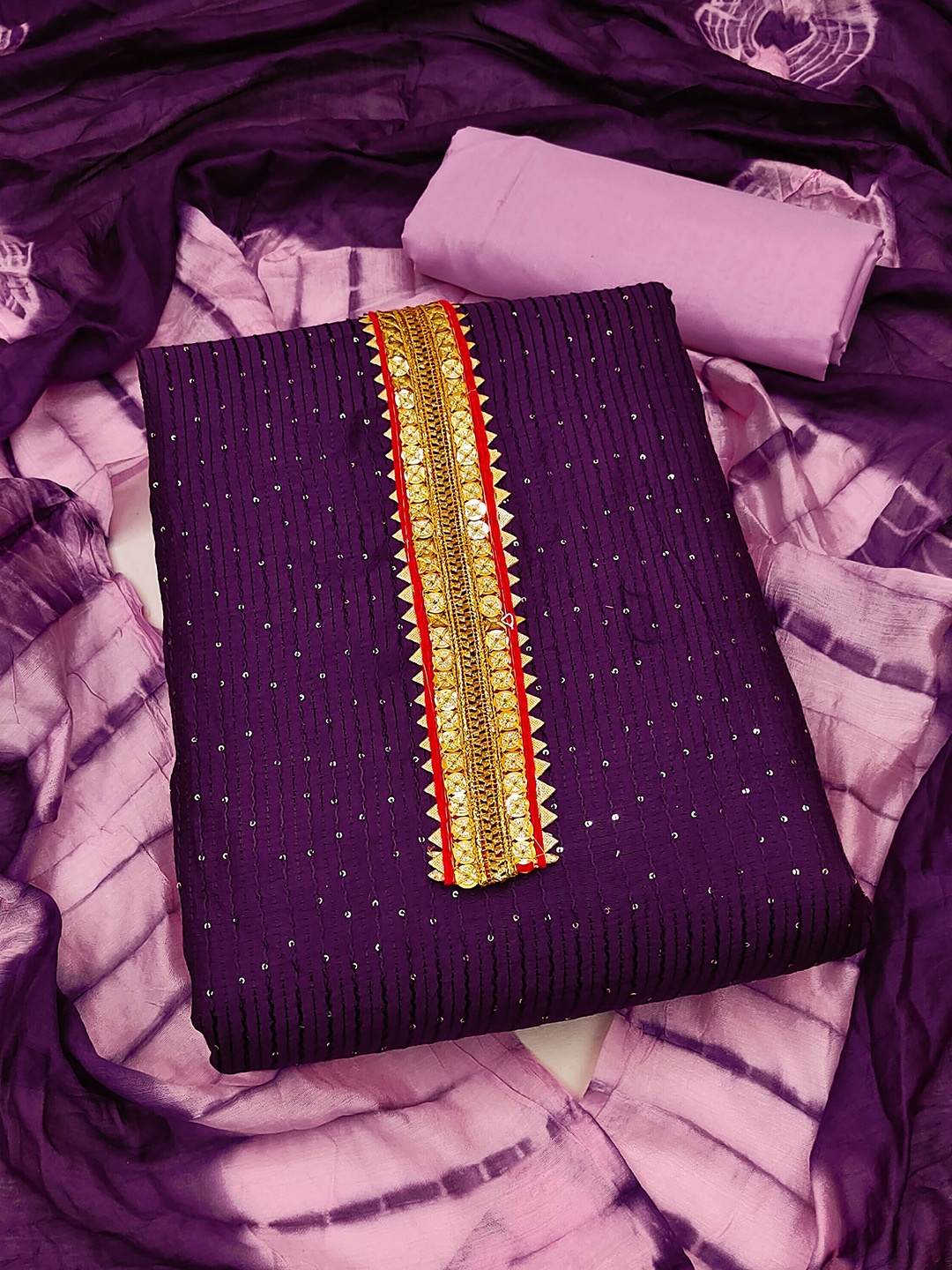 

SHADOW & SAINING Sequin Embroidered Pure Cotton Unstitched Dress Material, Purple