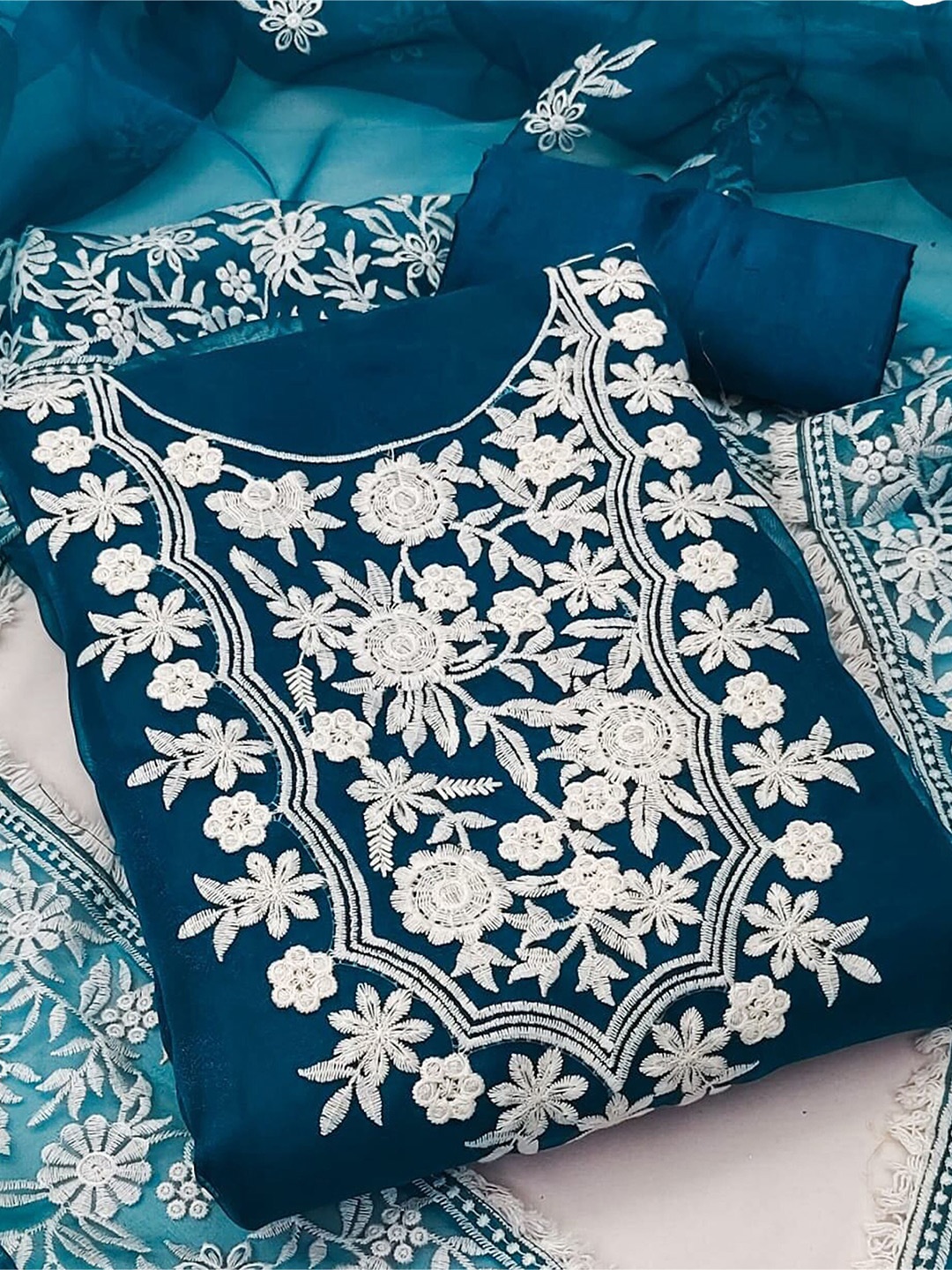 

SHADOW & SAINING Embroidered Organza Unstitched Dress Material, Teal
