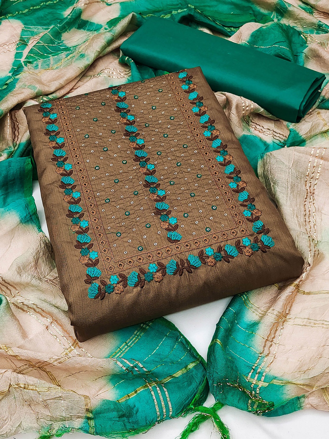

SHADOW & SAINING Embroidered Unstitched Dress Material, Brown