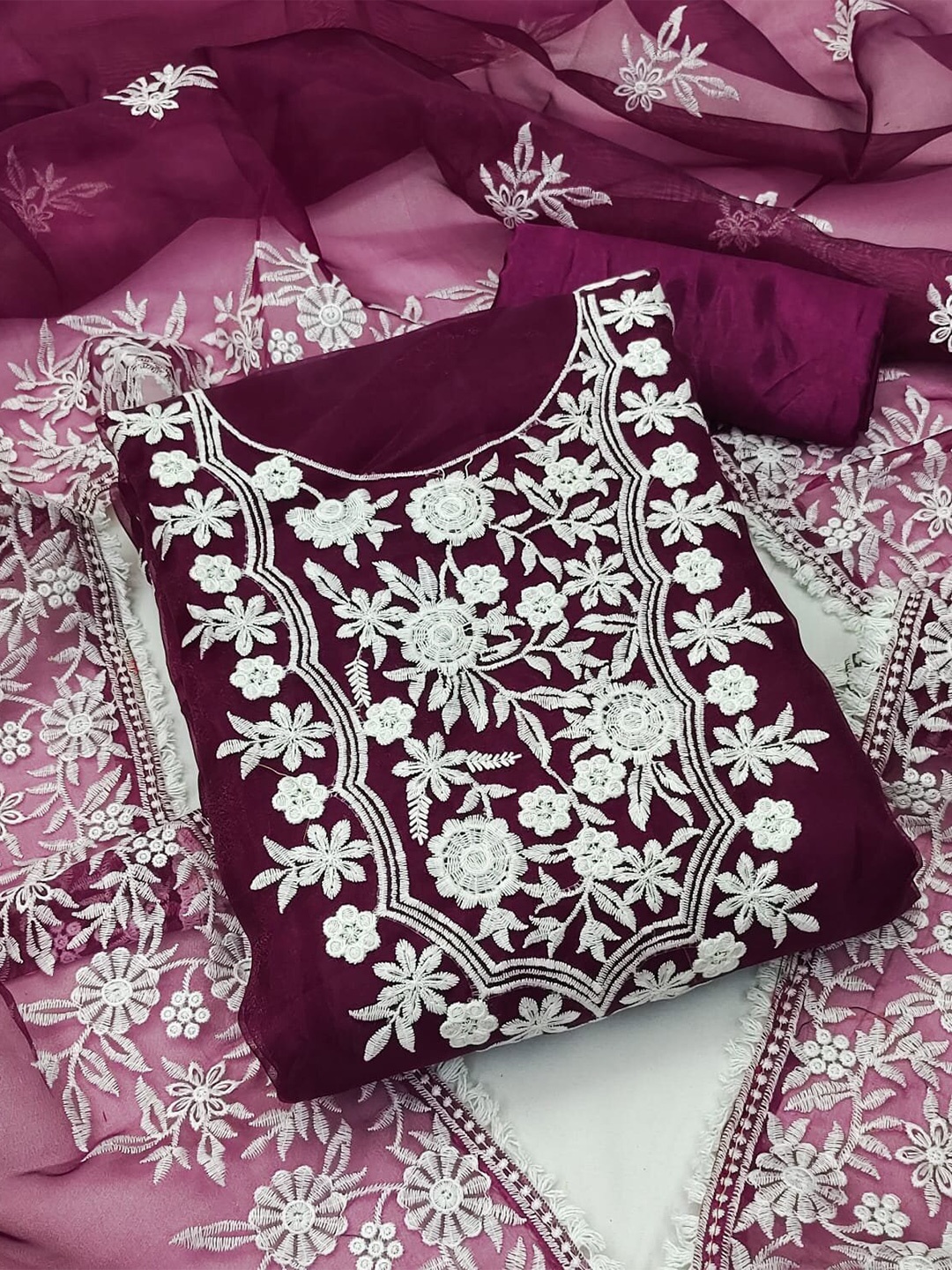 

SHADOW & SAINING Floral Embroidered Organza Unstitched Dress Material, Magenta
