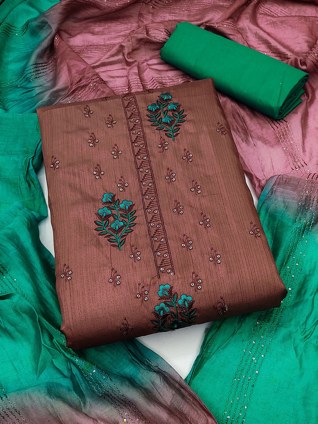 

SHADOW & SAINING Floral Embroidered Sequinned Unstitched Dress Material, Brown