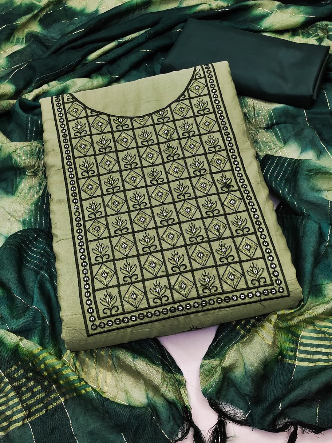 

SHADOW & SAINING Ethnic Motifs Embroidered Unstitched Dress Material, Olive