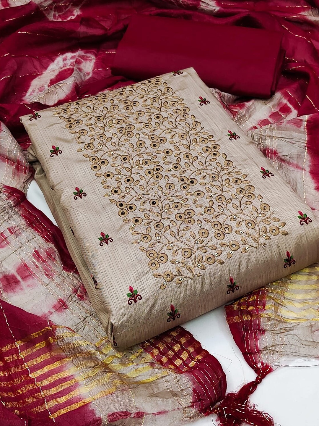 

SHADOW & SAINING Ethnic Motifs Embroidered Sequined Unstitched Dress Material, Beige