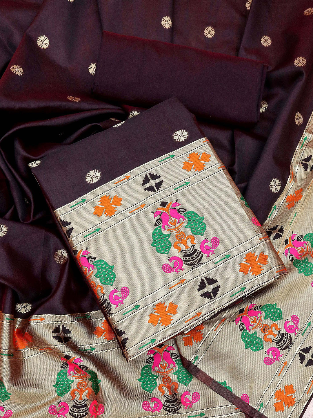 

SHADOW & SAINING Ethnic Motifs Woven Design Unstitched Dress Material, Brown