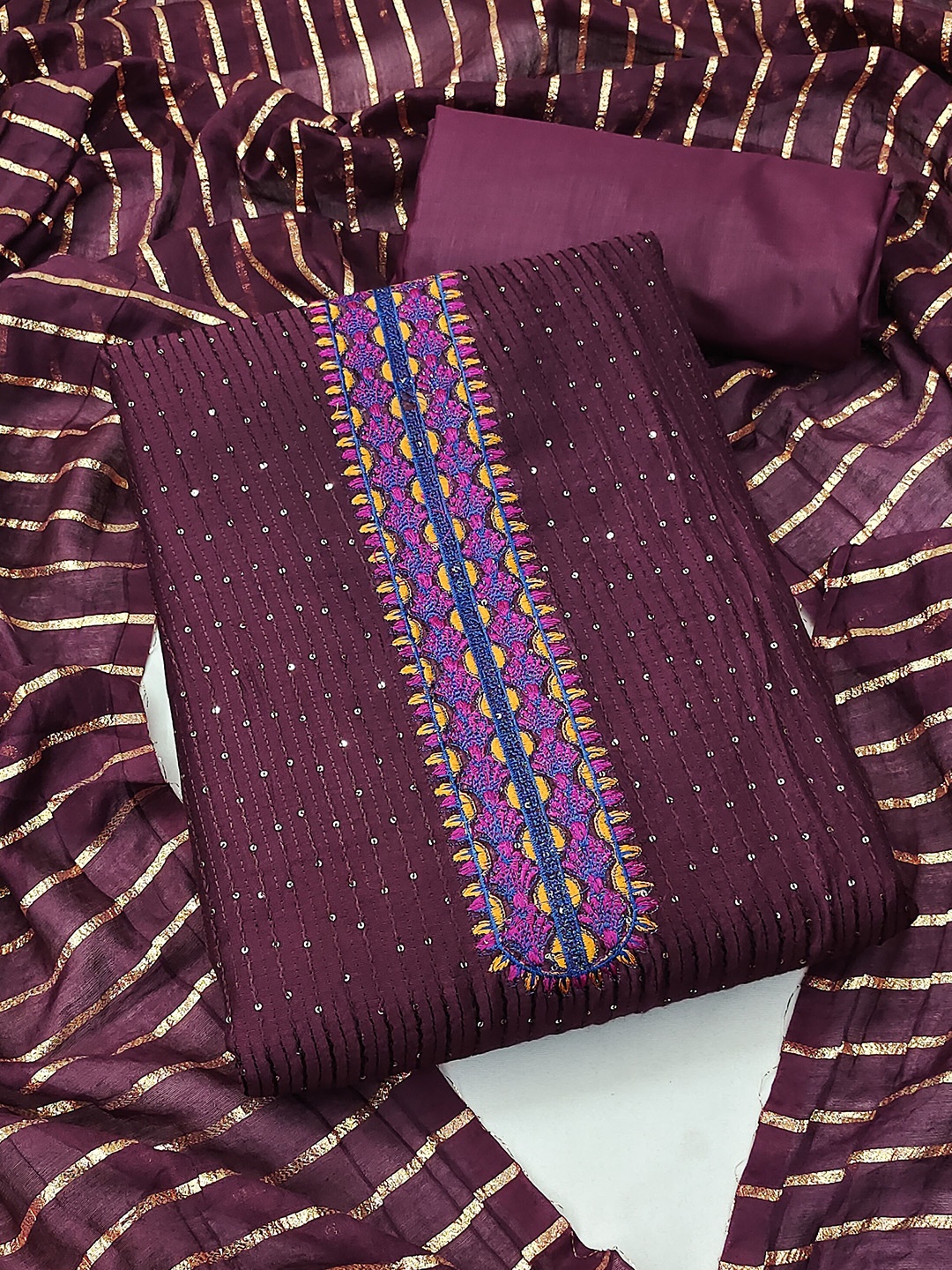 

SHADOW & SAINING Ethnic Motif Embellished Unstitched Dress Material, Purple
