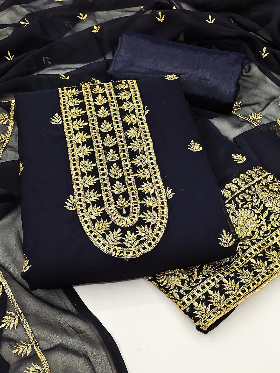 

SHADOW & SAINING Ethnic Motifs Embroidered Unstitched Dress Material, Navy blue