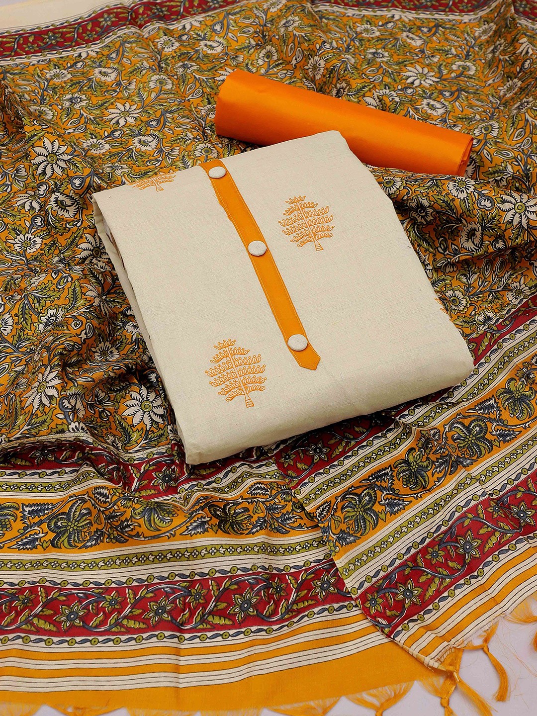 

SHADOW & SAINING Floral Embroidered Unstitched Dress Material, Beige