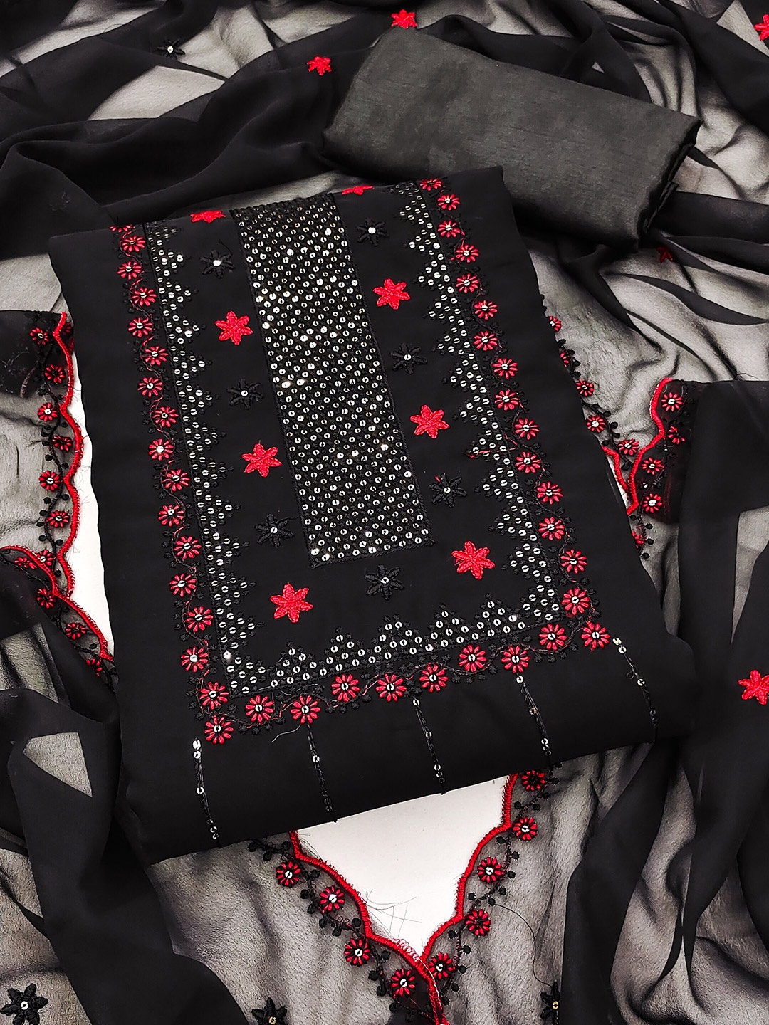 

SHADOW & SAINING Floral Embroidered Sequinned Unstitched Dress Material, Black