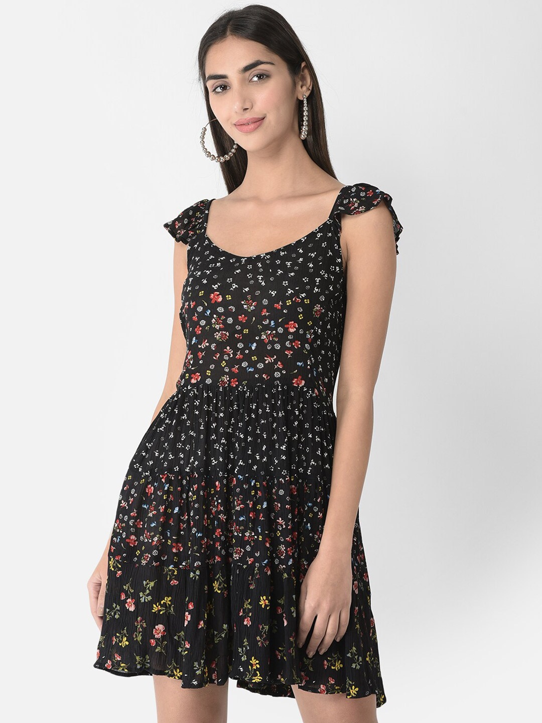 

VELDRESS Floral Printed Cap Sleeves it & Flare Dress, Black