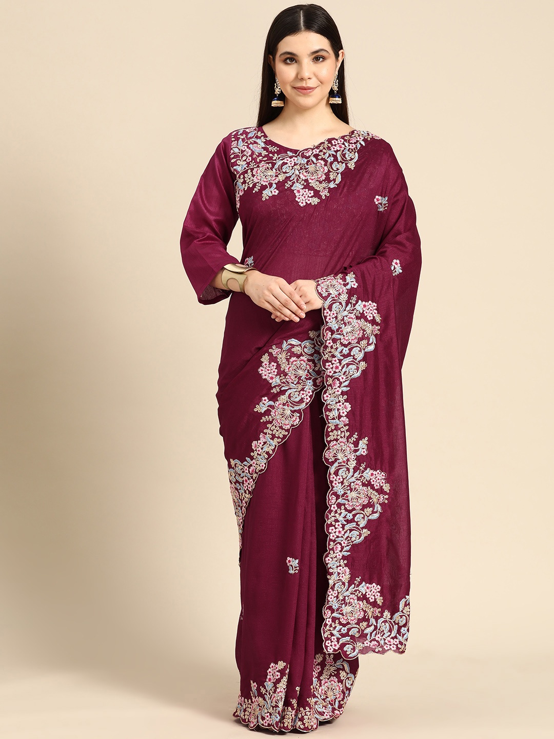 

Divine International Trading Co Floral Embroidered Saree, Purple