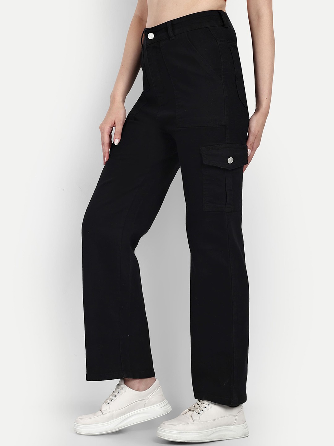 

BROADSTAR Women Smart Wide Leg High-Rise Stretchable Cargo Jeans, Black