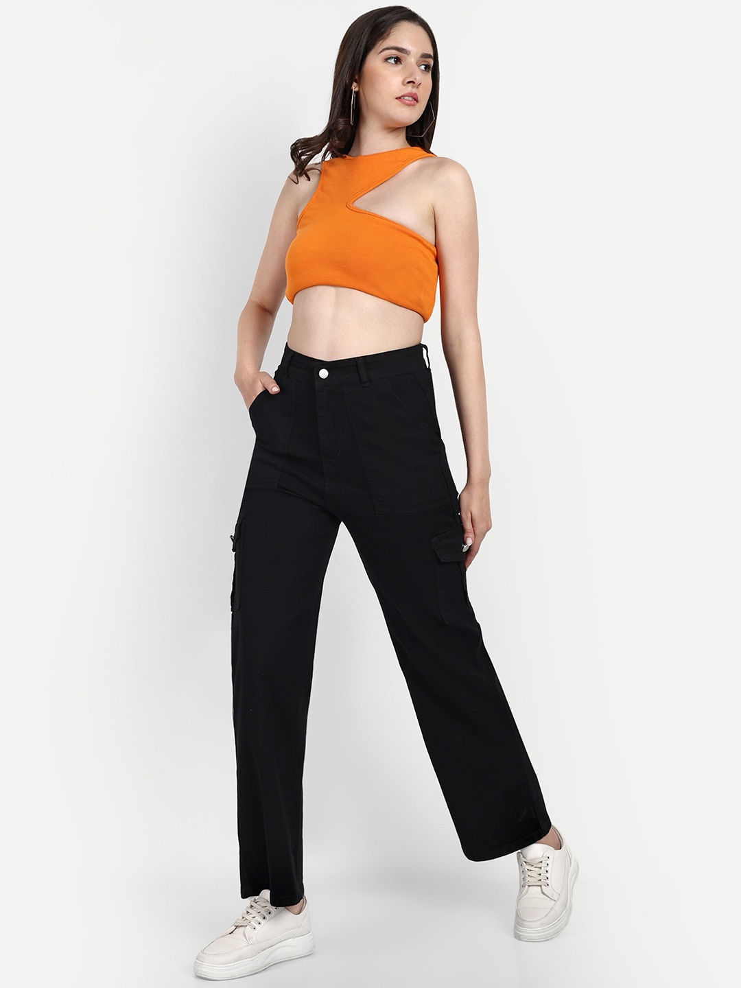 

BROADSTAR Women Smart Wide Leg High-Rise Stretchable Cargo Jeans, Black