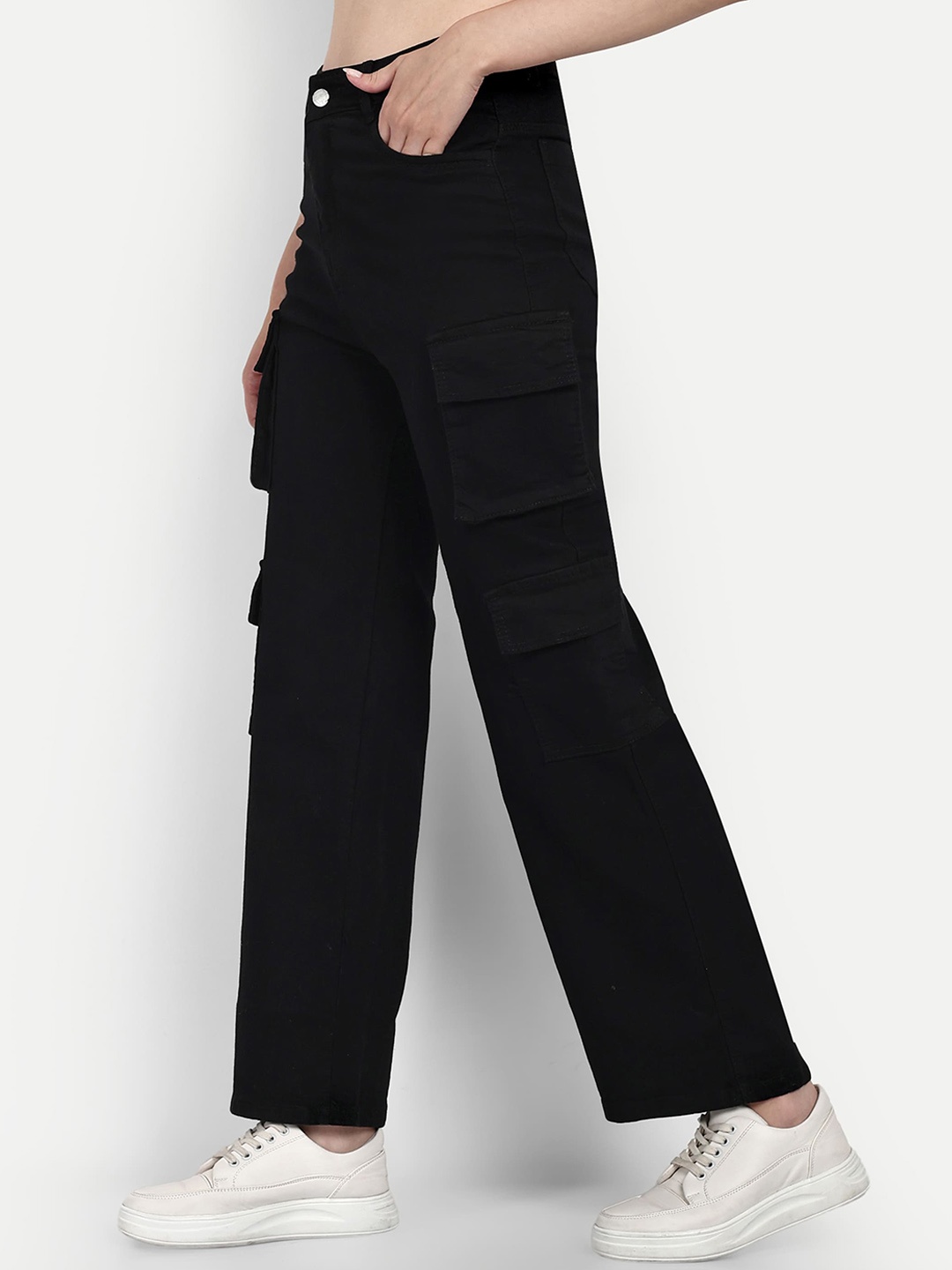 

BROADSTAR Women Smart Wide Leg High-Rise Stretchable Cargo Jeans, Black