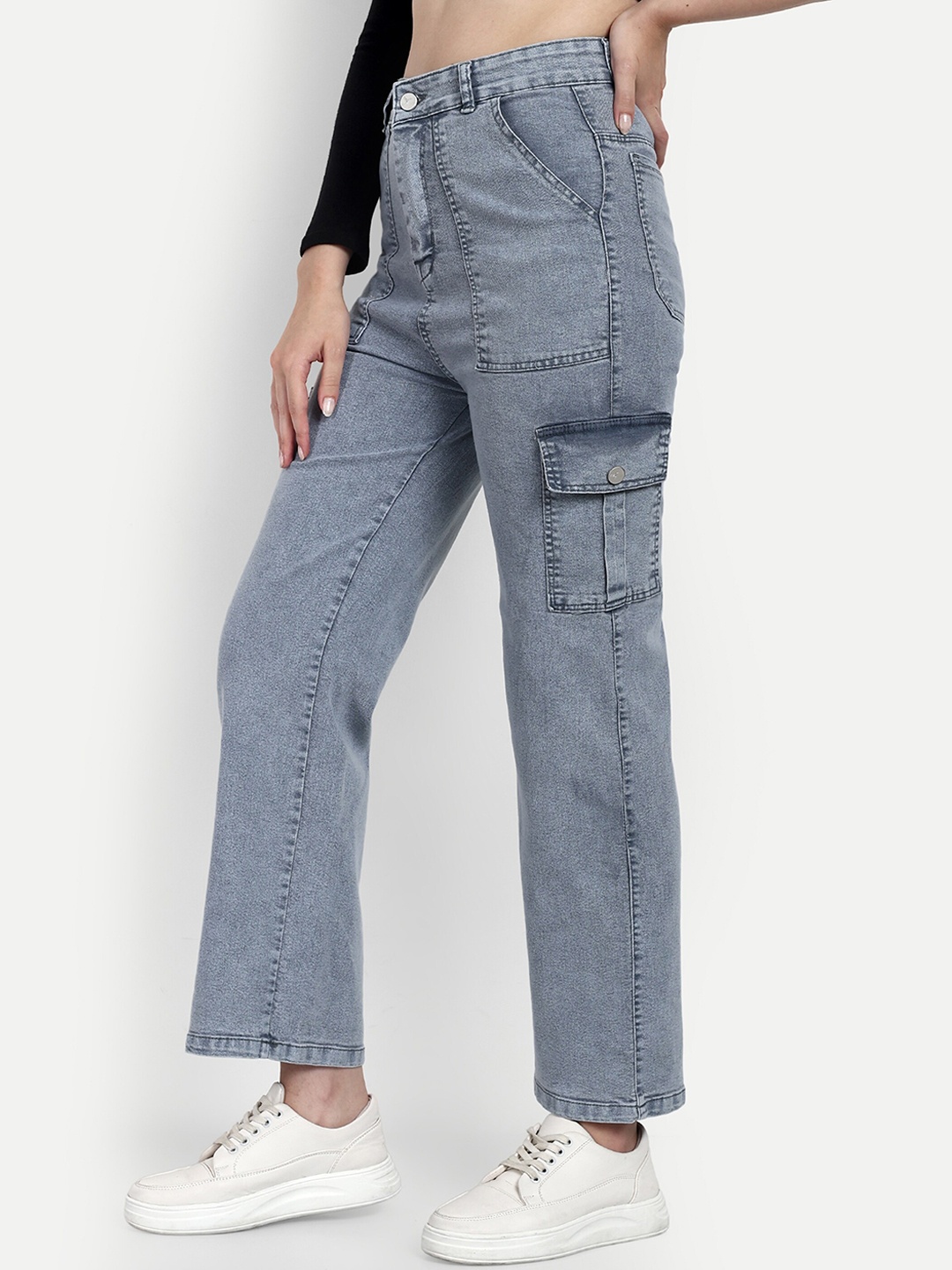 

BROADSTAR Women Smart Wide Leg High-Rise Light Fade Stretchable Cargo Jeans, Grey