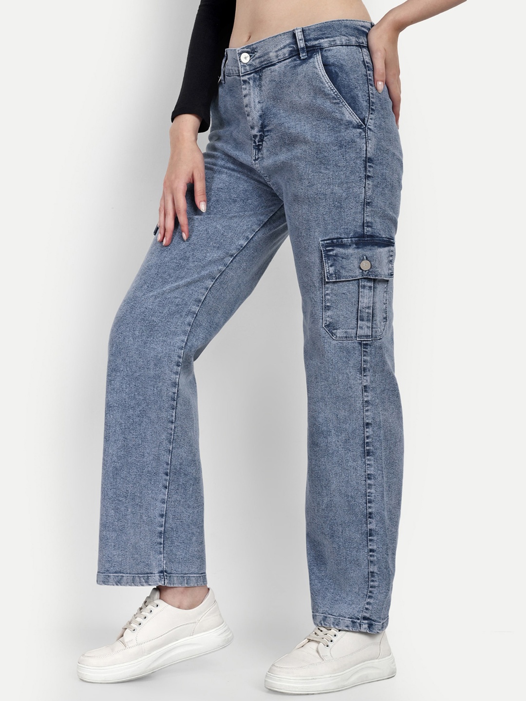 

BROADSTAR Women Smart Wide Leg High-Rise Heavy Fade Stretchable Cargo Jeans, Blue