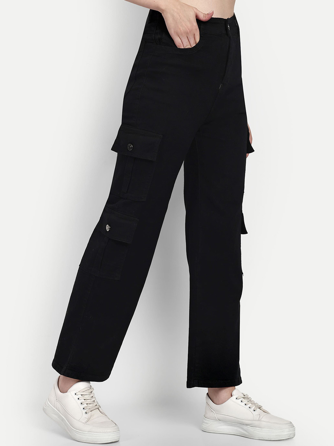 

BROADSTAR Women Smart Wide Leg High Rise Clean Look Stretchable Cargo Jeans, Black