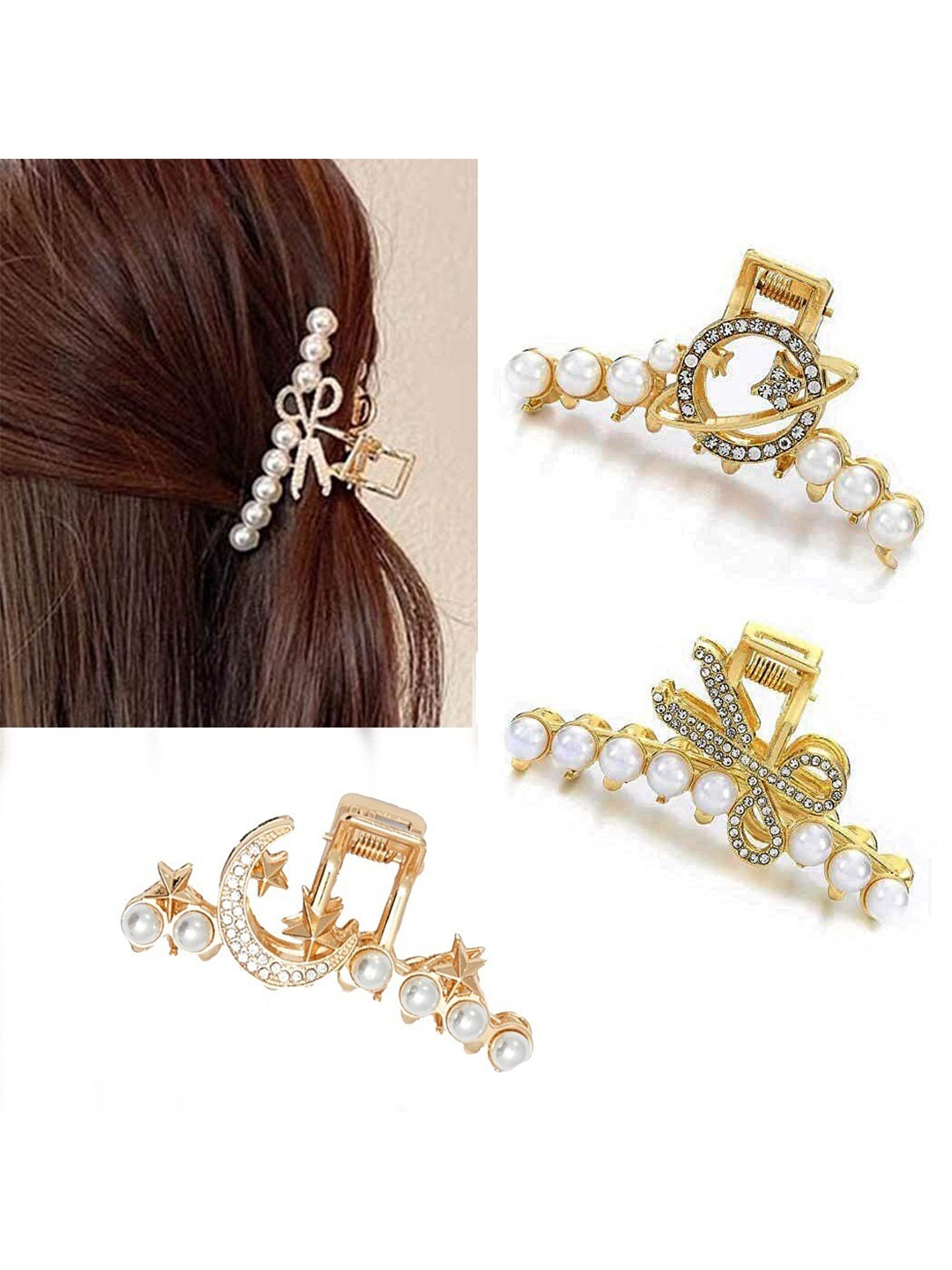 

Krelin Women Set Of 3 Beaded Claw Clip, Gold