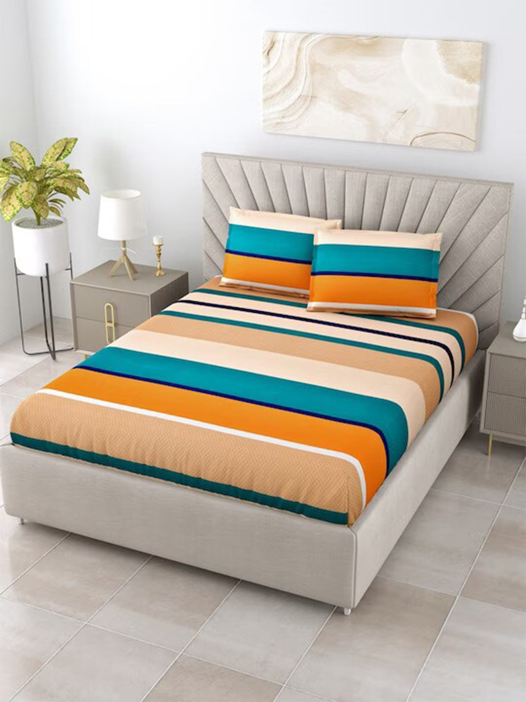 

DECOMIZER Yellow & Beige Striped Cotton 300 TC King Bedsheet with 2 Pillow Covers