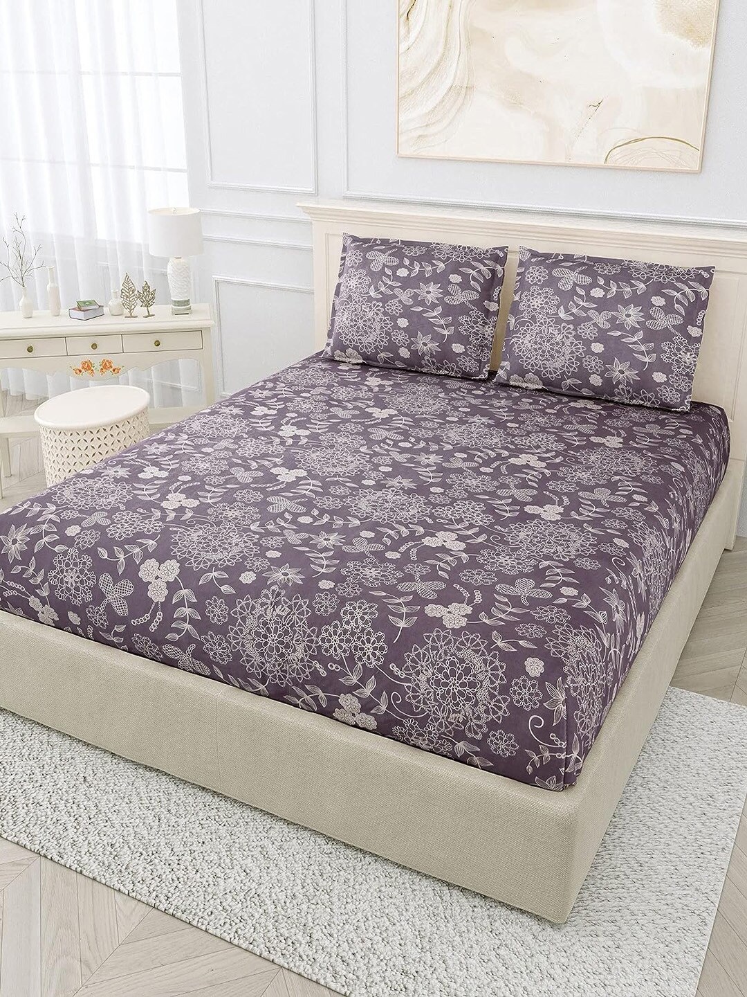 

DECOMIZER Grey & White Floral Cotton 300 TC King Bedsheet With 2 Pillow Covers