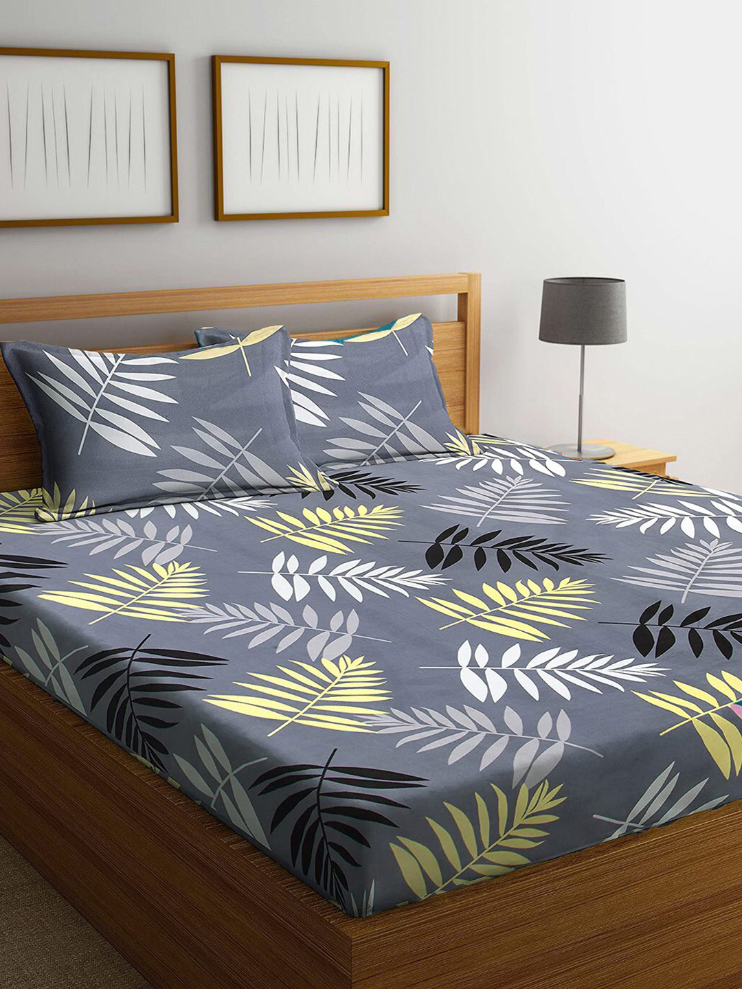 

DECOMIZER Grey & Yellow Floral Cotton 300 TC King Bedsheet With 2 Pillow Covers