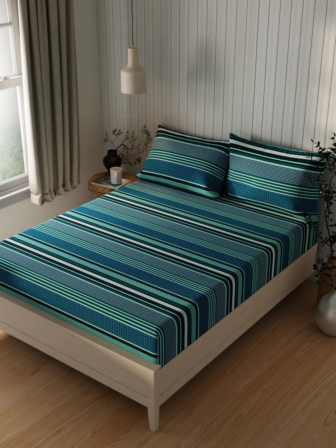 

BIANCA Lopez Teal Striped Cotton 120 TC Queen Bedsheet With 2 Pillow Covers