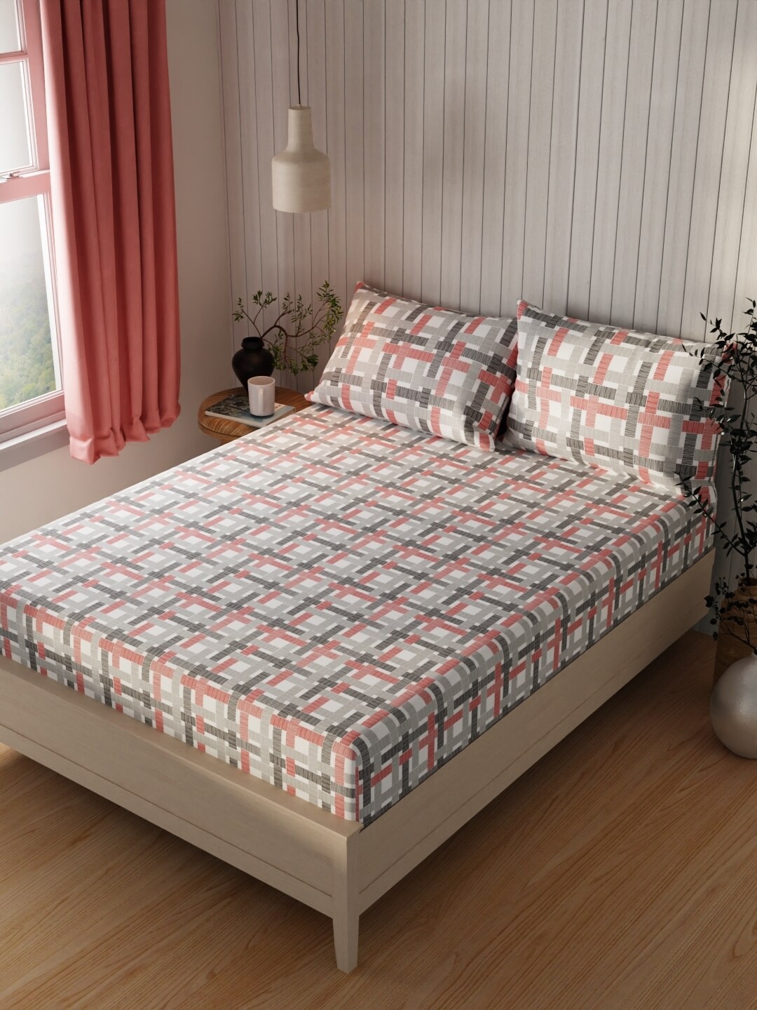 

BIANCA Lopez Grey & Pink Geometric Cotton 120 TC Queen Bedsheet With 2 Pillow Covers