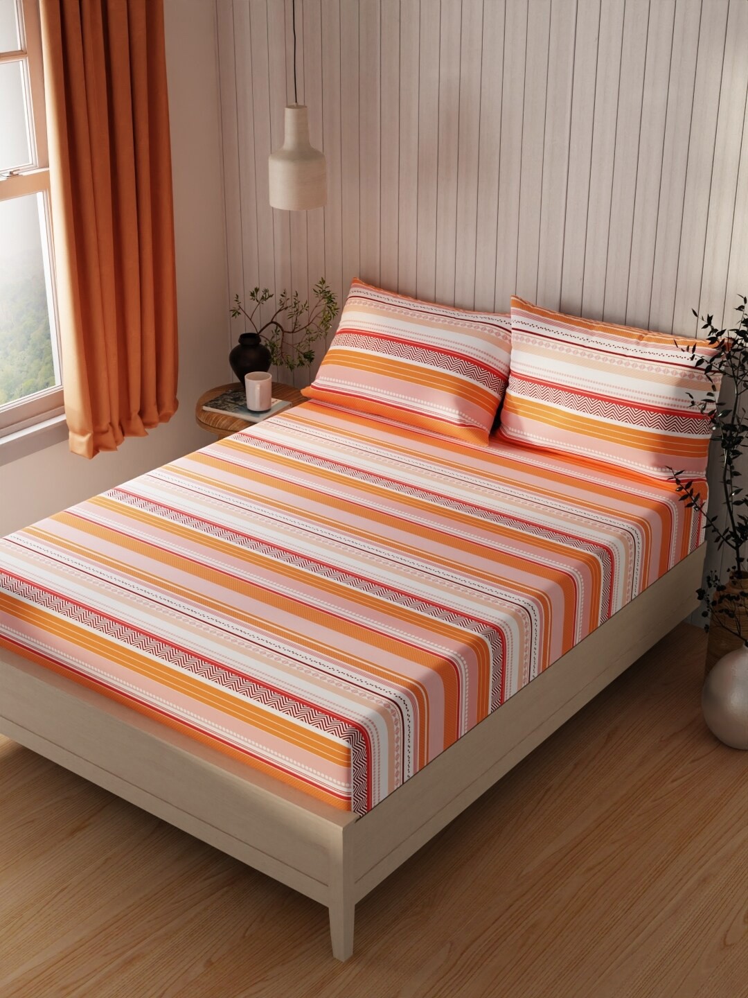 

KOPA Lopez Orange & White Striped Cotton 120 TC Queen Bedsheet With 2 Pillow Covers