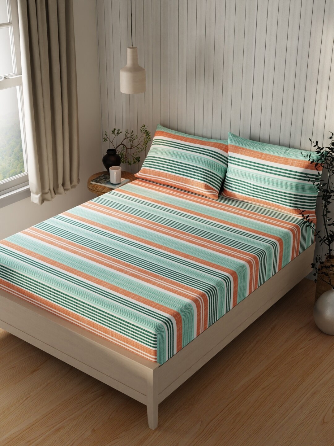 

KOPA Lopez Green & Orange Striped 120 TC Cotton Queen Bedsheet With 2 Pillow Covers