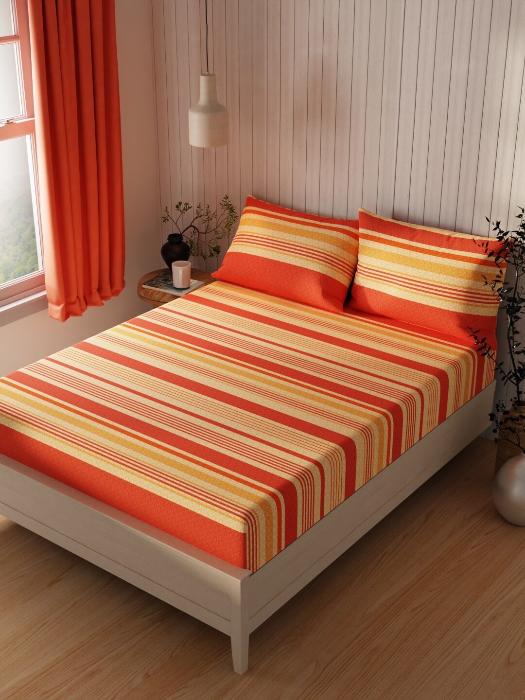 

KOPA Red & Yellow Striped Cotton 120 TC Queen Bedsheet with 2 Pillow Covers